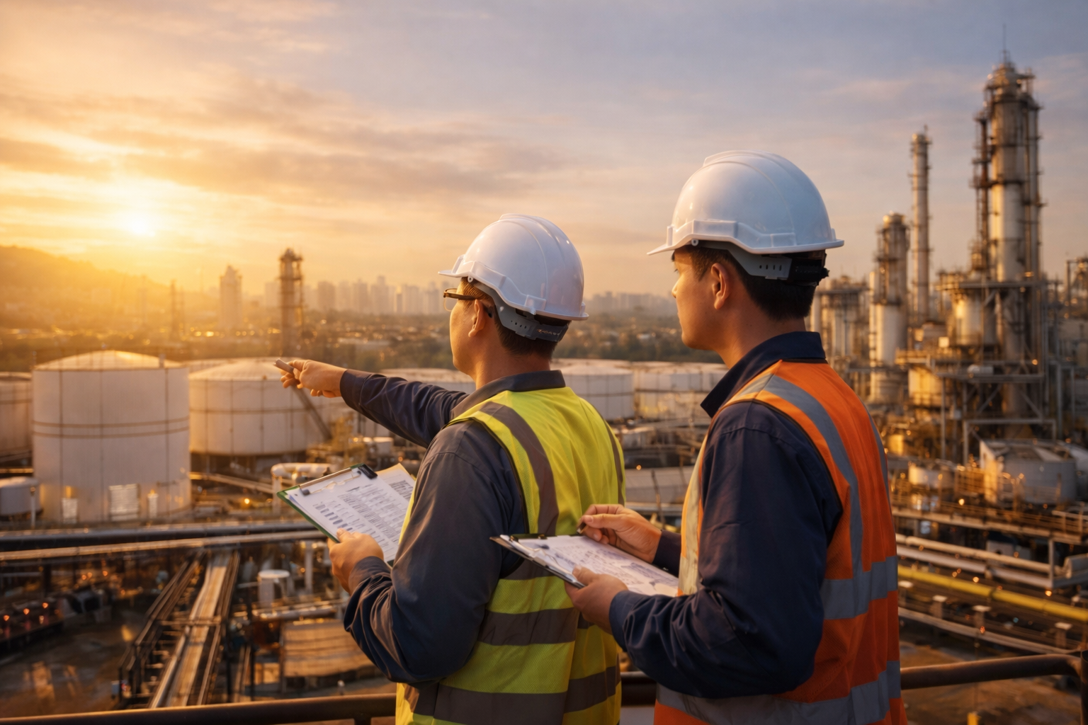 Engineers at sunset in refinery setting Engineers at sunset in refinery setting